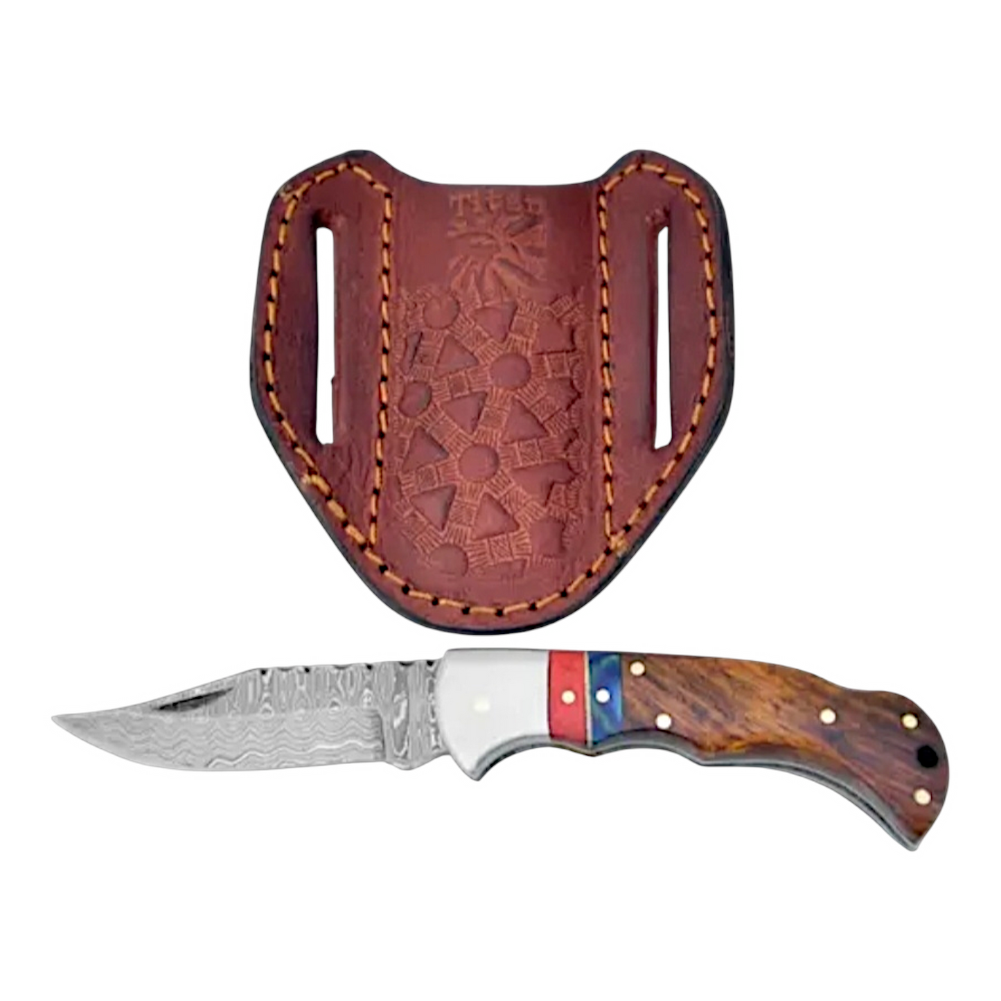 Damascus Steel and Walnut Wood Pocket Knife