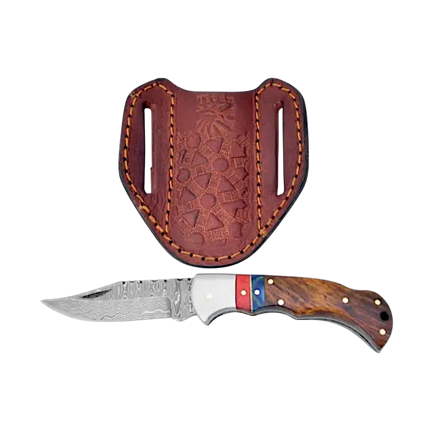 Damascus Steel and Walnut Wood Pocket Knife
