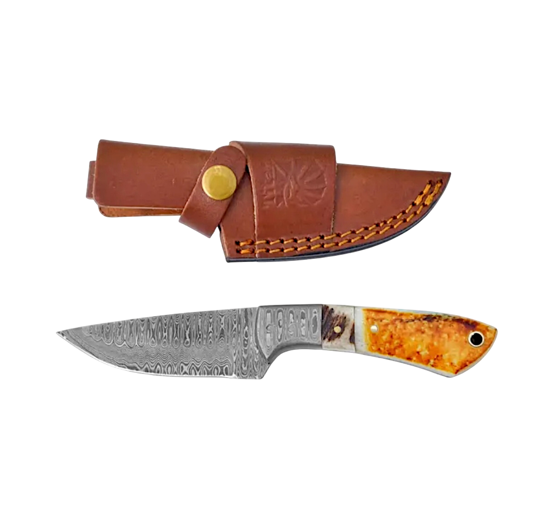 Cuchillo de campamento de acero de Damasco con hueso quemado y nogal