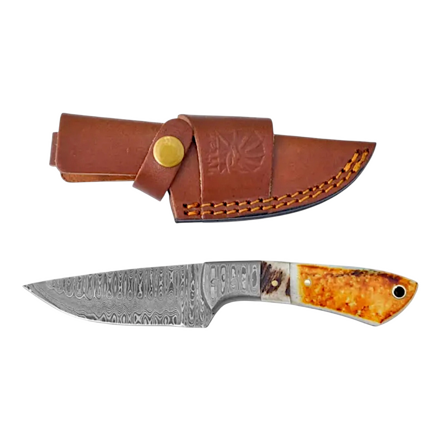 Cuchillo de campamento de acero de Damasco con hueso quemado y nogal