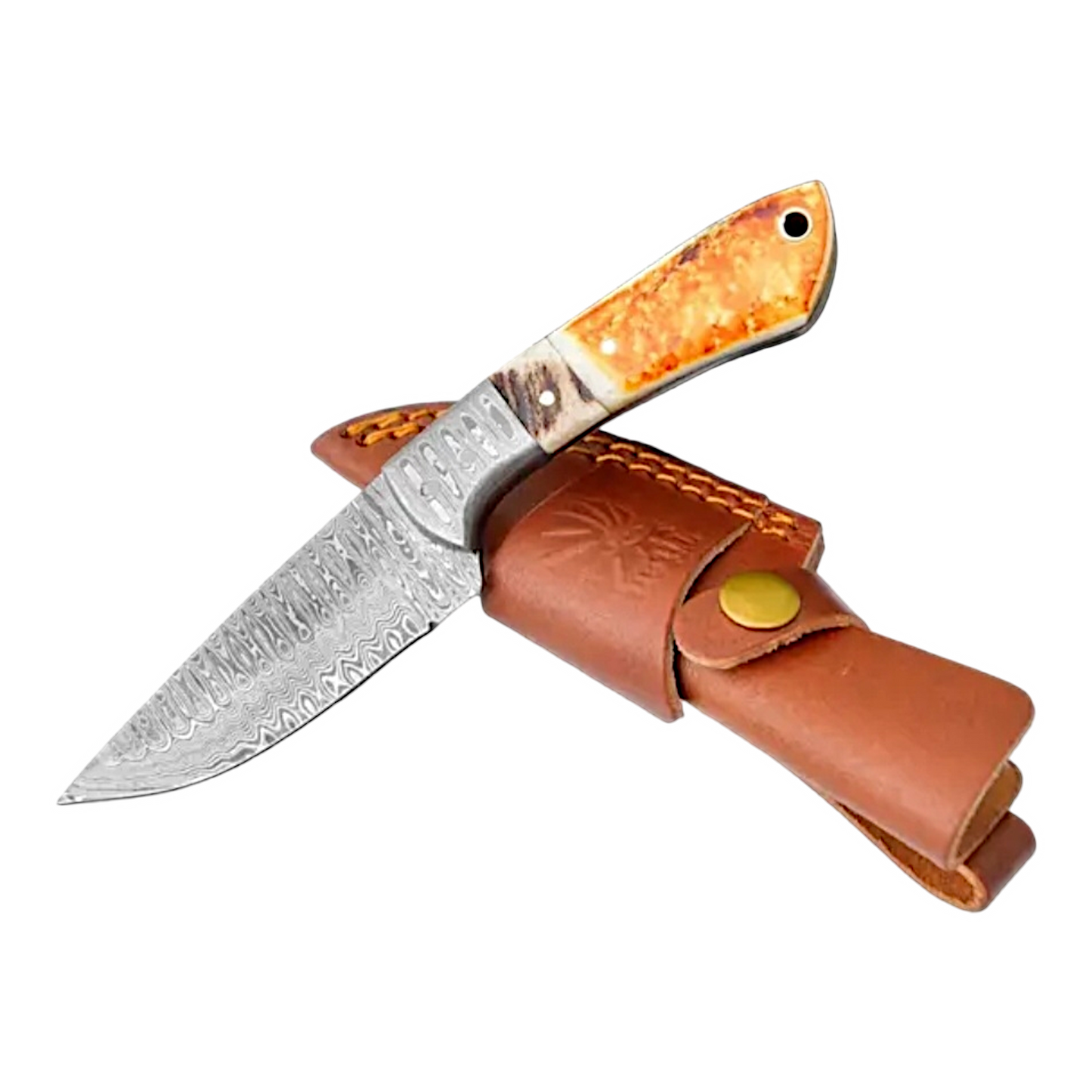 Cuchillo de campamento de acero de Damasco con hueso quemado y nogal