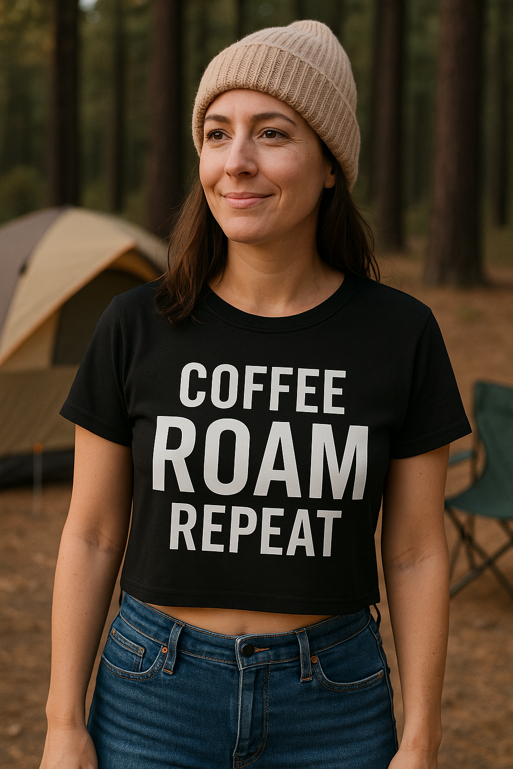 Camiseta corta negra para mujer COFFEE ROAM REPEAT