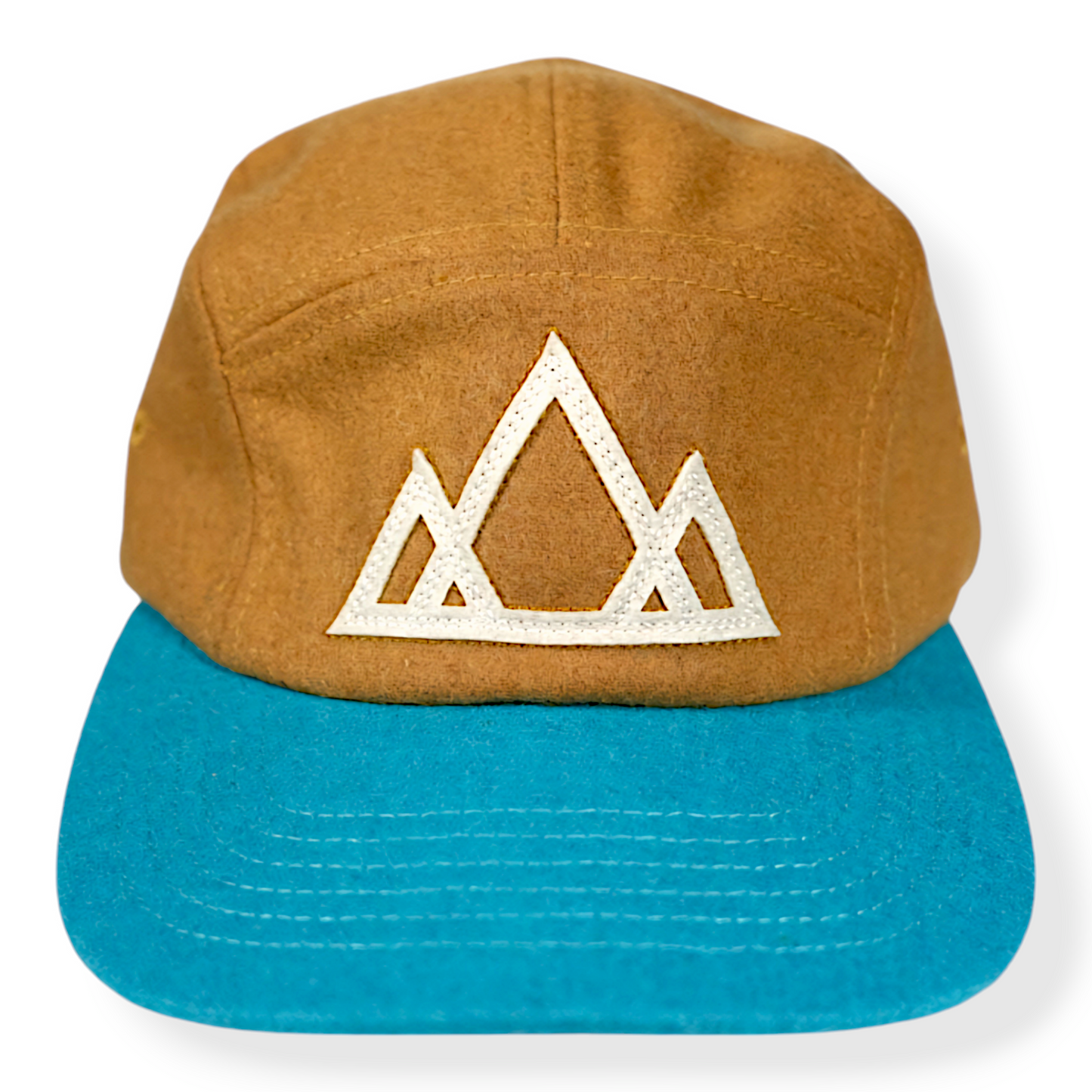 Gorra de montaña de lana vintage Camper de 5 paneles, dos tonos, tostado y turquesa