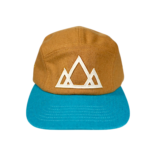 Gorra de montaña de lana vintage Camper de 5 paneles, dos tonos, tostado y turquesa