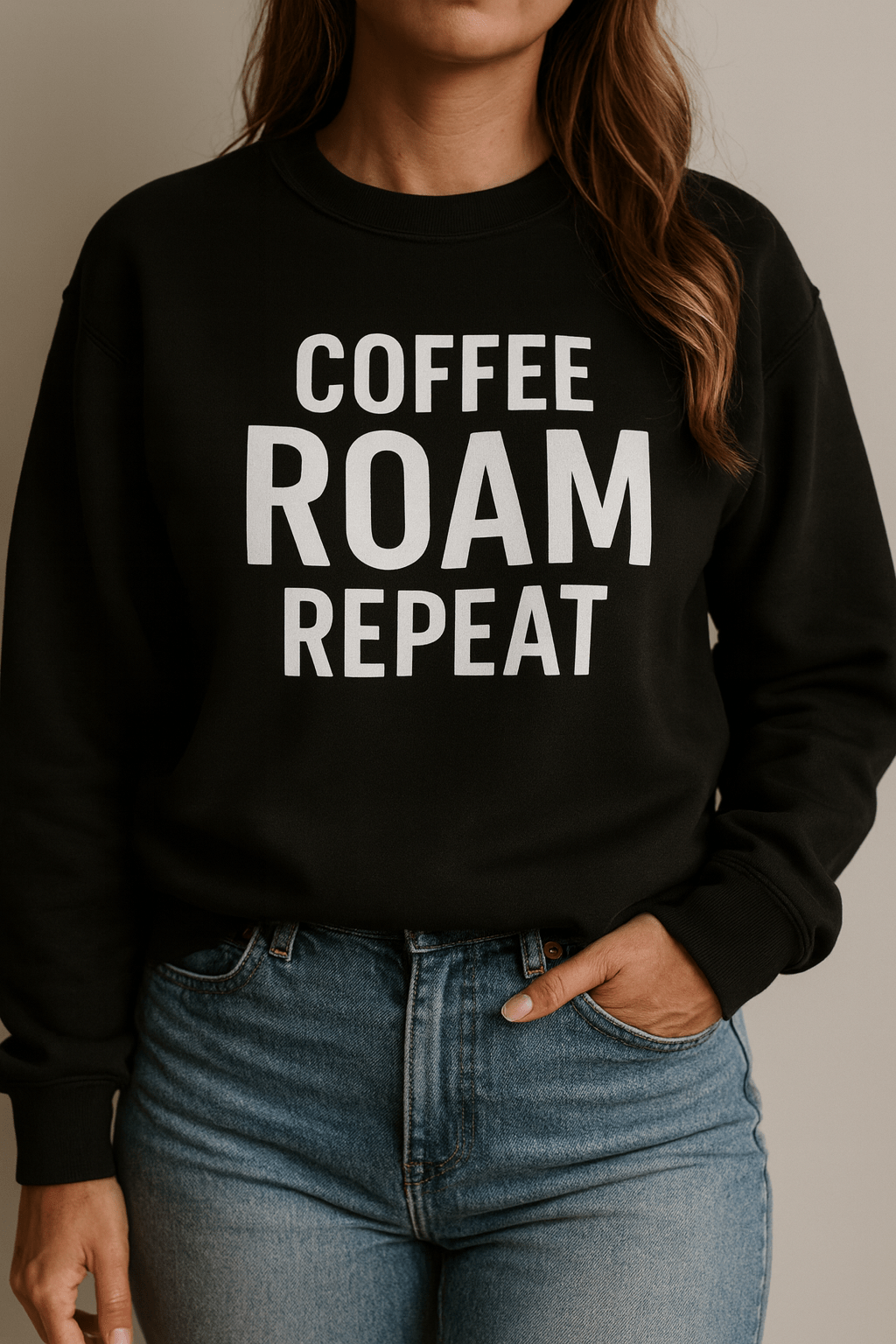 Coffee Roam Repeat Crewneck Black Unisex Sweatshirt - Roam Earth Co.