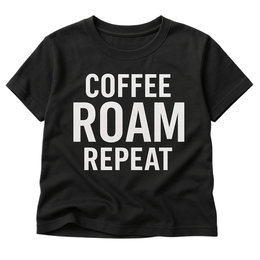 COFFEE ROAM REPEAT Women's Black Crop Tee - Roam Earth Co.