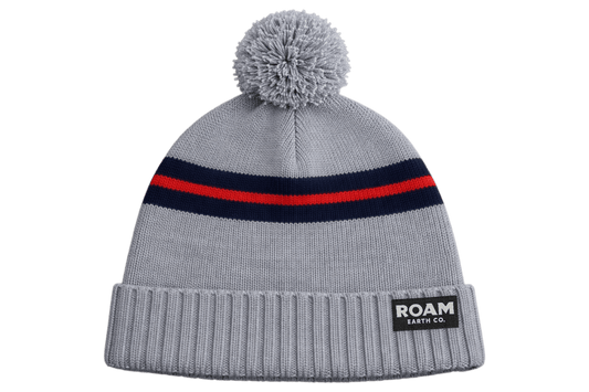 Heather Grey and Navy Pom Wool Beanie - Roam Earth Co.