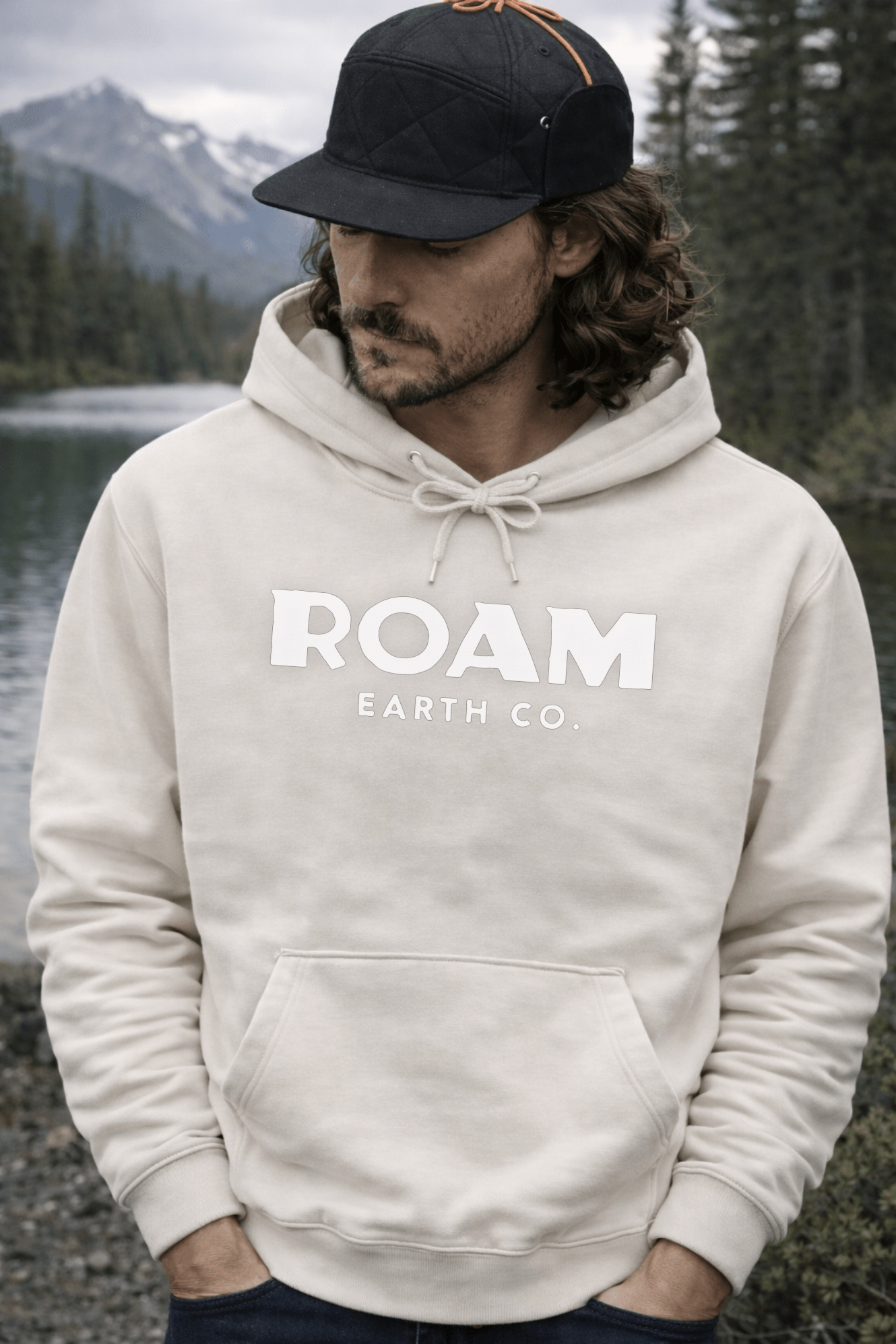 Roam Earth Co White logo Vintage White Unisex Hoodie - Roam Earth Co.