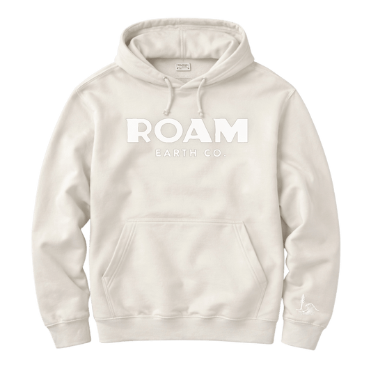 Roam Earth Co White logo Vintage White Unisex Hoodie - Roam Earth Co.