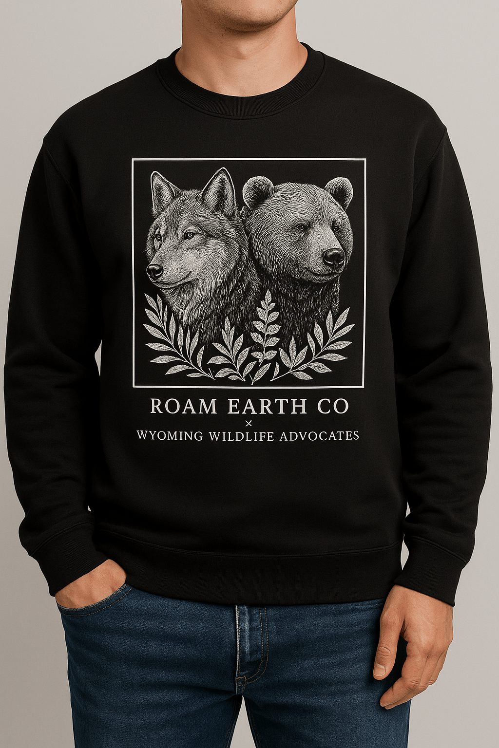 Wolf and Grizzly Crewneck Black Unisex Sweatshirt - Roam Earth Co.