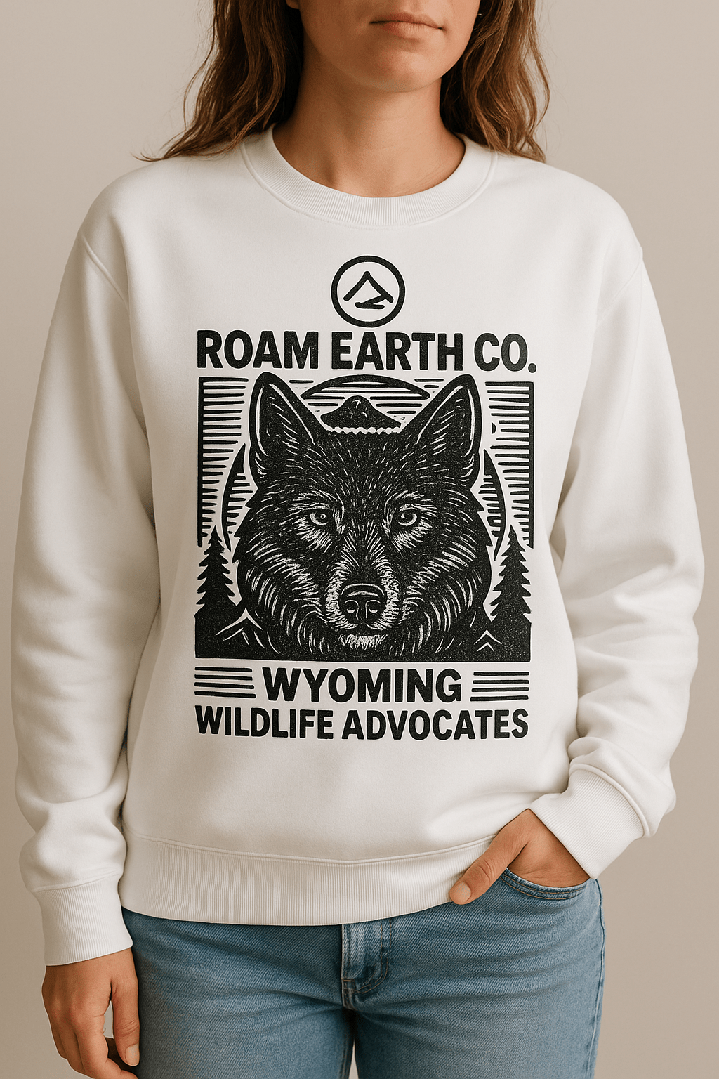 Wolf Block Print Crewneck White Unisex Sweatshirt - Roam Earth Co.