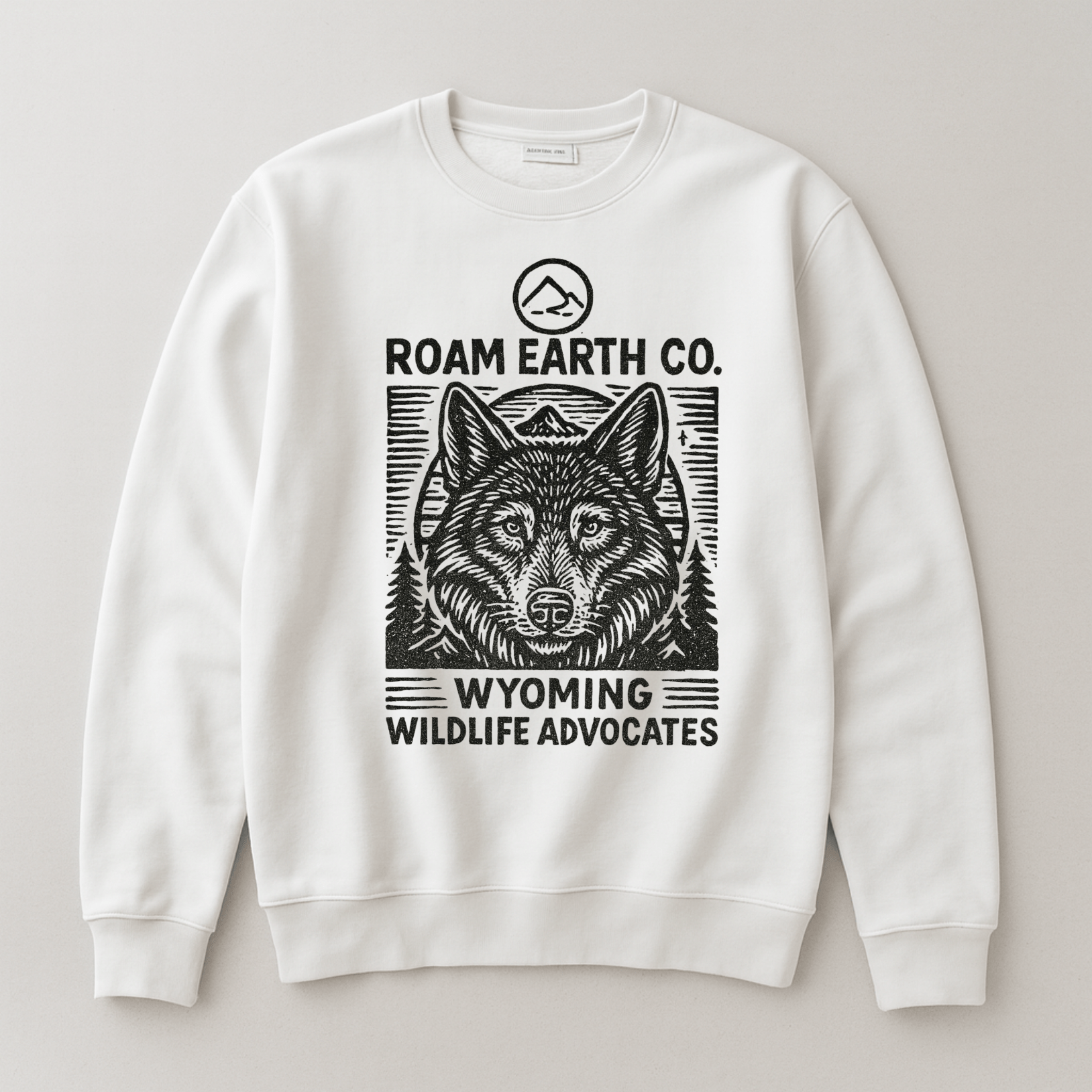 Wolf Block Print Crewneck White Unisex Sweatshirt - Roam Earth Co.