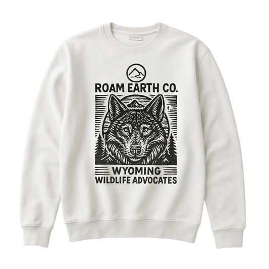 Wolf Block Print Crewneck White Unisex Sweatshirt - Roam Earth Co.