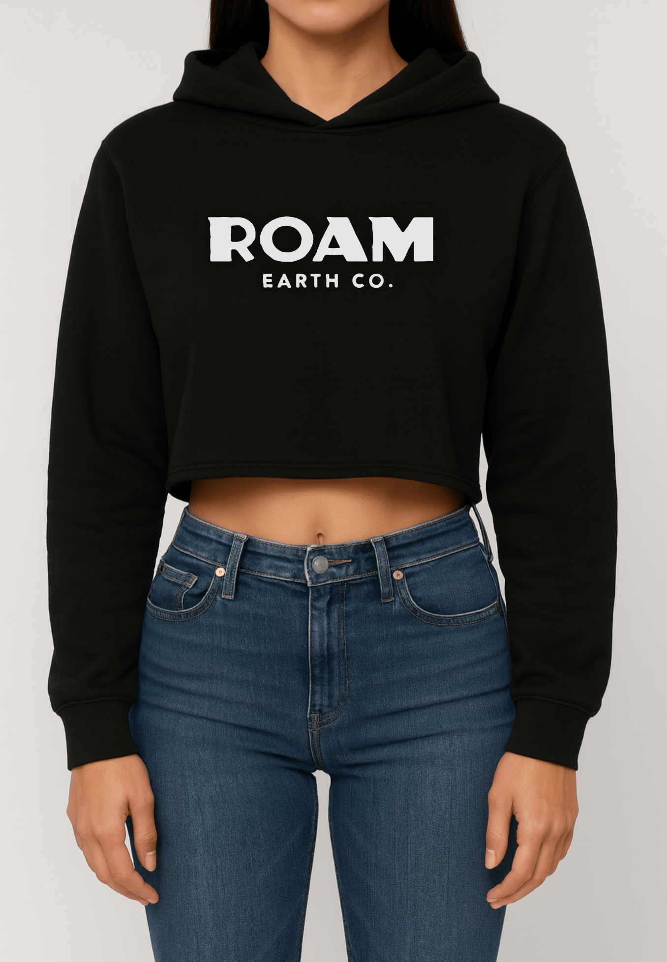 Women's Roam Earth Co. Logo Crop Fleece Black Hoodie - Roam Earth Co.