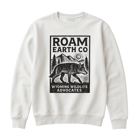 Wyoming Wolf Block Print Crewneck White Unisex Sweatshirt - Roam Earth Co.